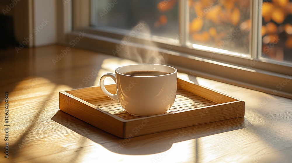 A steaming cup of coffee on a wooden tray near a window, bathed in the warm glow of sunlight. A steaming cup of coffee on a wooden tray near a window, bathed in the warm glow of sunlight.
