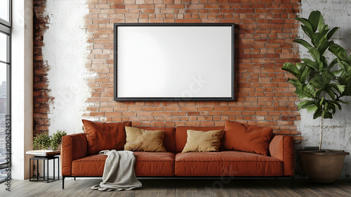 A horizontal black-framed mirror mounted on a red brick wall above an orange sofa with mustard cushions in a cozy living room.
