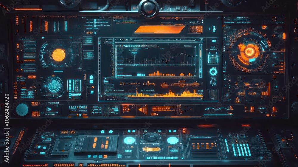 Futuristic control panel with data visualizations and interactive elements. Futuristic control panel with data visualizations and interactive elements.