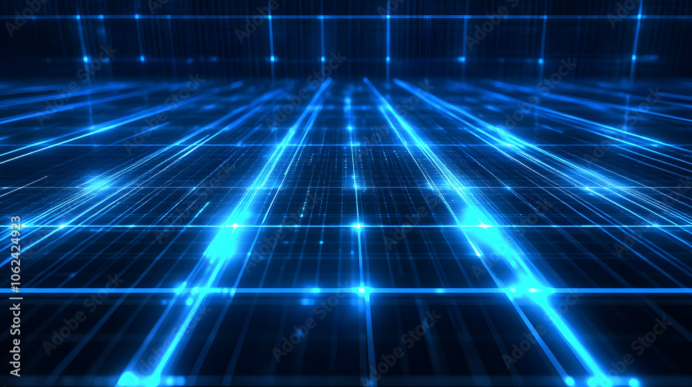 A glowing blue grid pattern extending into the distance, creating a futuristic and digital atmosphere.