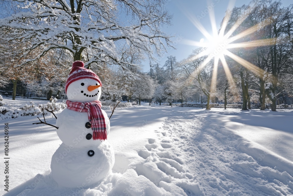 Obraz premium Funny snowman with stylish hat and yellow scalf on snowy field. Merry Christmas and happy new year!