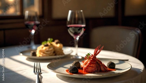 Lone Table with Gourmet Meal and Red Wine