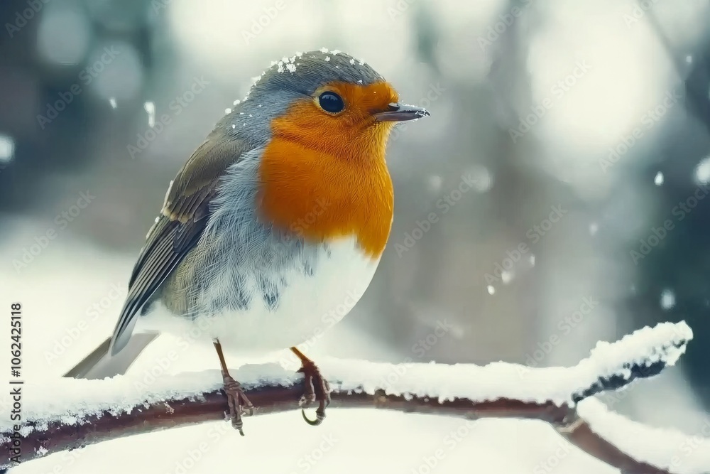 During winter, a robin with orange feathers on its breast is sitting on a twig in a garden. A wild animal in a rural setting. During winter, a robin with orange feathers on its breast is sitting on a twig in a garden. A wild animal in a rural setting.