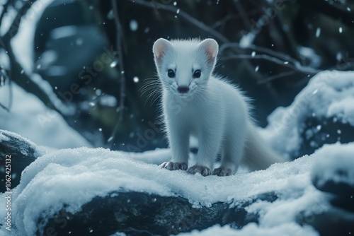 The ermine stands out in the winter snow like a state, Weasel. photo