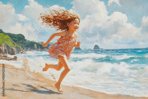 Joyful spring day at the beach: young girl running along the coast in Japan