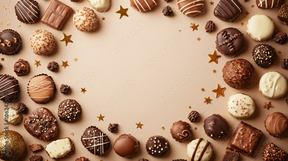 Assorted holiday sweets and chocolates in a round frame on a soft beige background, scattered golden stars around the empty center