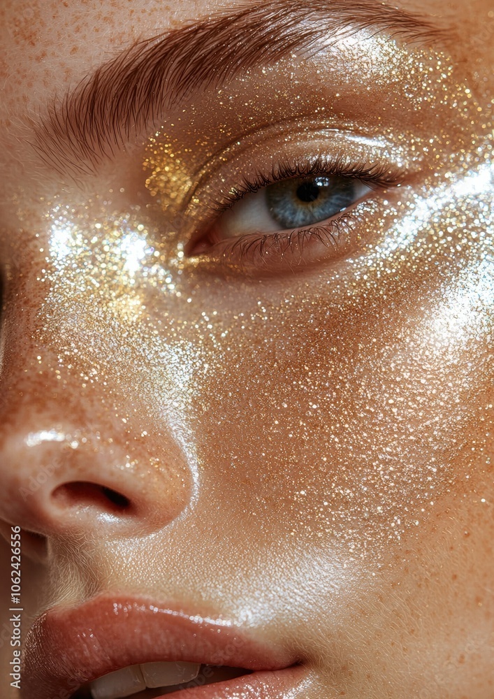 A woman with gold glitter on her face A woman with gold glitter on her face
