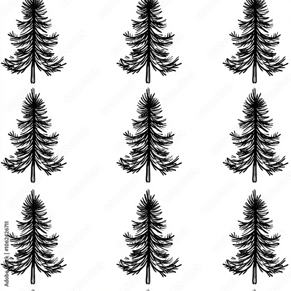 Obraz premium A silhouette of a fir tree and silhouette of a spruce tree with a minimal winter seamless pattern, black on gray background. Hand drawn modern illustration for kids textile, clothing print,