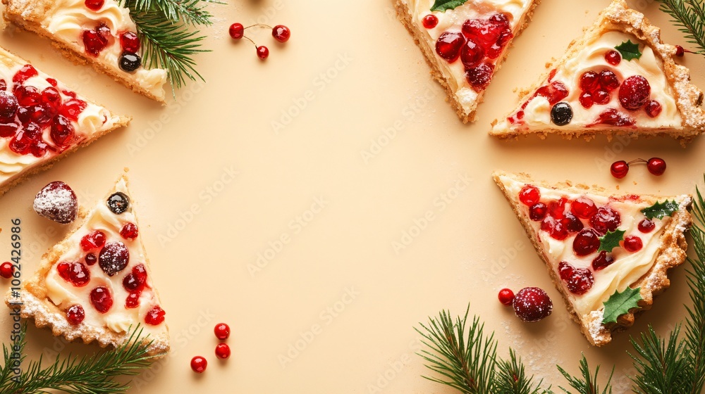 Frame of Christmas fruitcake slices with red and green details, on a warm tan background with mistletoe accents Frame of Christmas fruitcake slices with red and green details, on a warm tan background with mistletoe accents