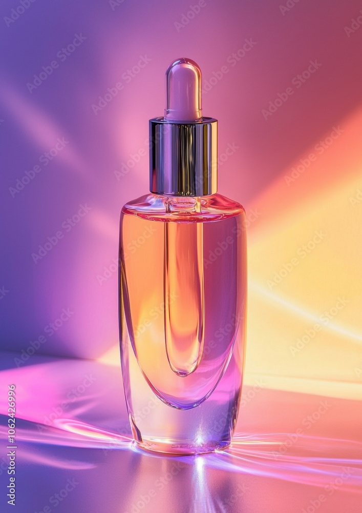 A bottle of perfume is sitting on a table with a colorful background A bottle of perfume is sitting on a table with a colorful background