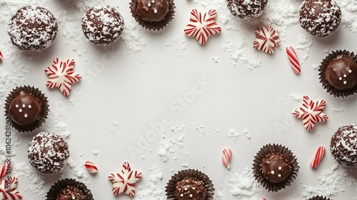 Peppermint stick and chocolate truffle frame, on a crisp white background with snowflake designs, copy space in the middle