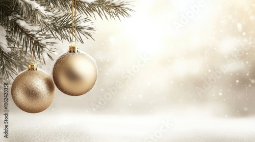 Beautiful Christmas tree background with Christmas tree branches and gold Christmas tree toys