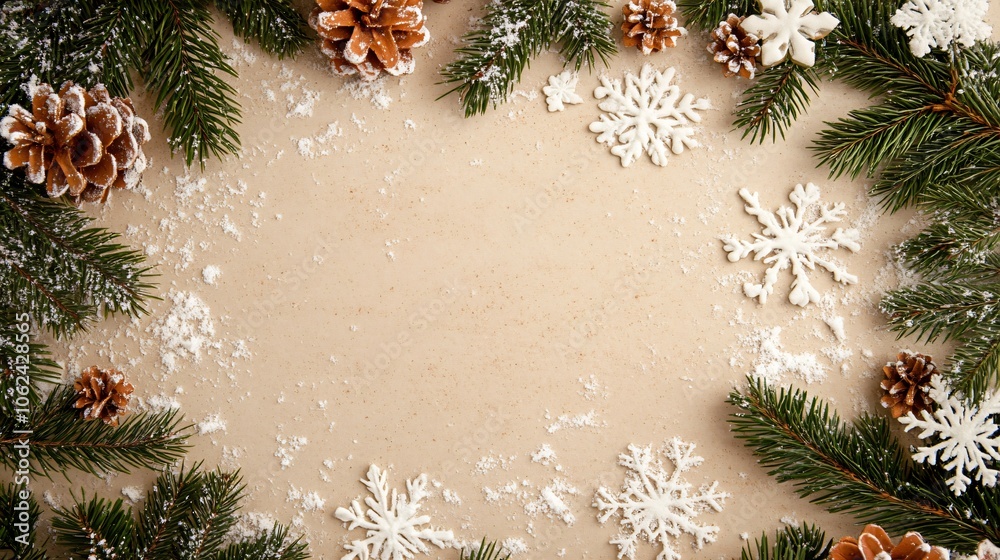 Spiced Christmas cookie frame with snowflake confetti, on a light brown background with evergreen accents Spiced Christmas cookie frame with snowflake confetti, on a light brown background with evergreen accents