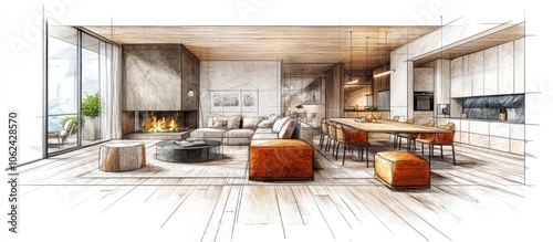 Hand drawn sketch of a modern open-plan living space with a fireplace, large windows and dining table.