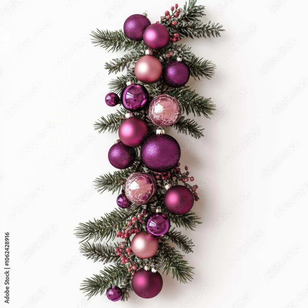 Christmas garland with red and gold baubles, berries, and pinecones on a white background. Christmas garland with red and gold baubles, berries, and pinecones on a white background.