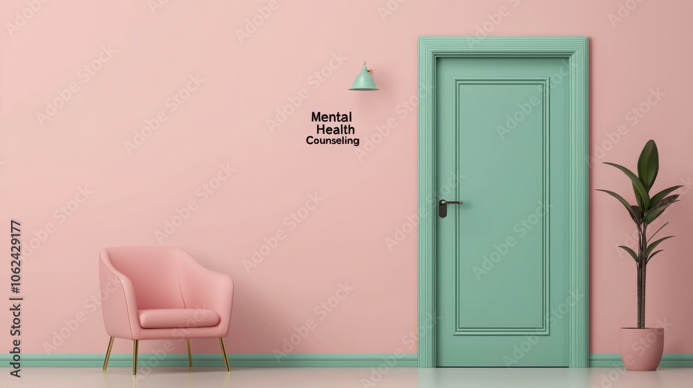 A pink armchair sits in front of a closed, teal door. A sign on the wall reads A pink armchair sits in front of a closed, teal door. A sign on the wall reads