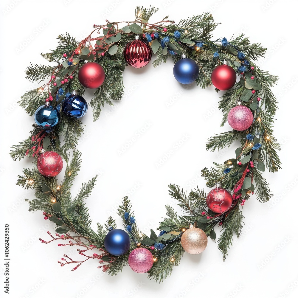 Christmas garland with red and gold baubles, berries, and pinecones on a white background. Christmas garland with red and gold baubles, berries, and pinecones on a white background.