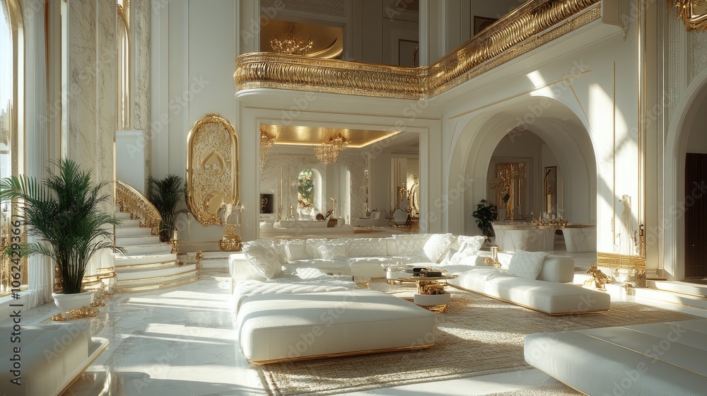 Fototapeta premium A grand, luxurious living room with white walls, gold accents, and a sweeping staircase.