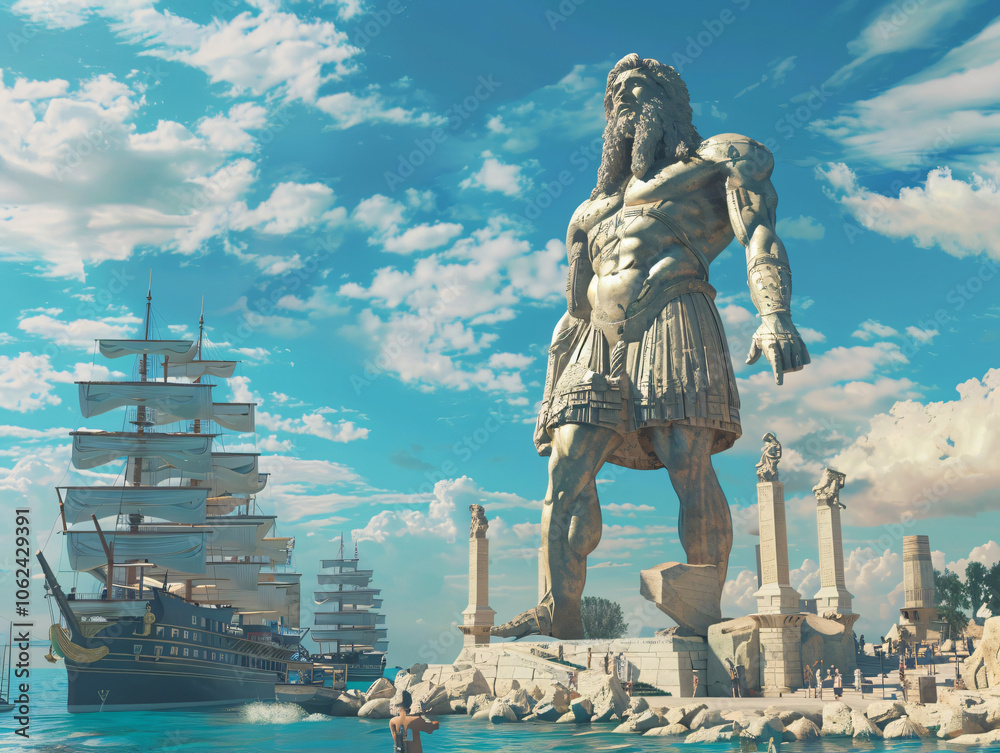 Fototapeta premium Colossus of Rhodes (Greece) – The gigantic statue standing proudly at the harbor entrance, with ships and a bright blue sea in the background, cinematic style, Compositing Core, 8k, detailed,