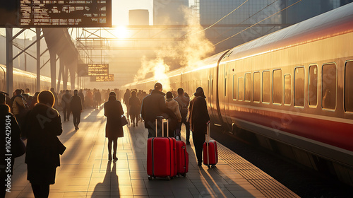 As the sun rises over Shanghai, travelers bustle on the bullet train platform, their silhouettes framed by steam and the soft glow of dawn