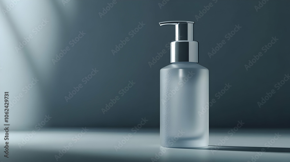 A frosted glass pump dispenser bottle placed against a muted blue background, styled with soft lighting for a minimalist and clean design. A frosted glass pump dispenser bottle placed against a muted blue background, styled with soft lighting for a minimalist and clean design.