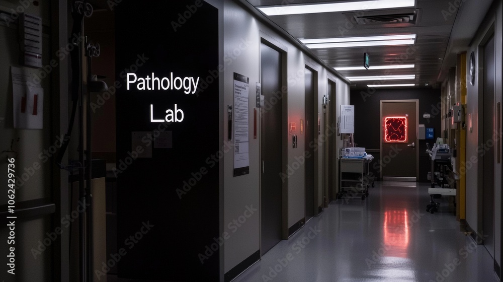 A hallway in a hospital with a sign that reads 'Pathology Lab.' A hallway in a hospital with a sign that reads 'Pathology Lab.'