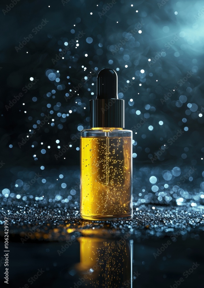 A bottle of perfume is sitting on a table with a lot of sparkles around it