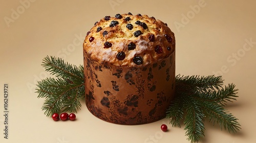 Classic Italian Panettone with golden crust and visible fruit bits, isolated on a soft beige background with sprigs of pine and red berries photo