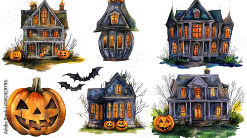 Set of Haunted Houses With Pumpkins for Halloween Decorations Generative AI