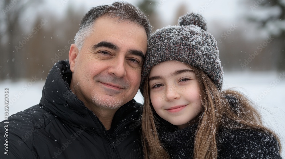 This close-up shot shows a father and daughter smiling together in winter clothing and sprinkled with snow, capturing a heartwarming moment among the frosty landscape. This close-up shot shows a father and daughter smiling together in winter clothing and sprinkled with snow, capturing a heartwarming moment among the frosty landscape.