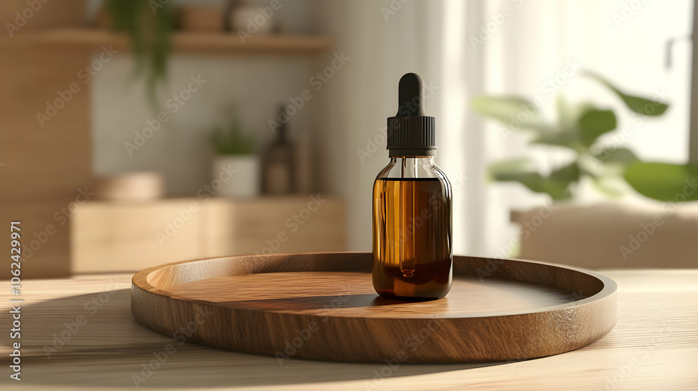 A brown glass dropper bottle placed on a wooden tray styled with green plants and neutral decor in the background under warm lighting. A brown glass dropper bottle placed on a wooden tray styled with green plants and neutral decor in the background under warm lighting.