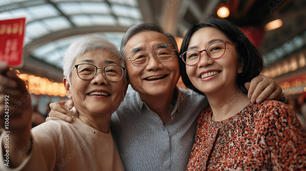 Fototapeta premium A cheerful family portrait captures the bond between a grandmother, a grandfather, and their daughter, all smiling warmly while enjoying their time together