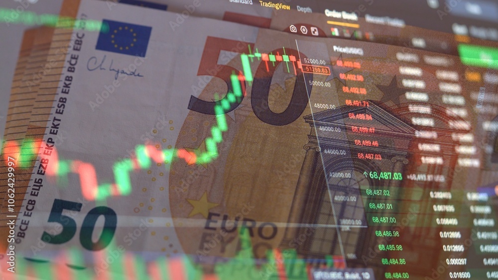 Stock market chart with green and red candlesticks on a background 50 Euro banknotes. Bitcoin price chart in dynamics. Stock exchange. Exchange market. Euro Money Cash and Cryptocurrency. Stock market chart with green and red candlesticks on a background 50 Euro banknotes. Bitcoin price chart in dynamics. Stock exchange. Exchange market. Euro Money Cash and Cryptocurrency.