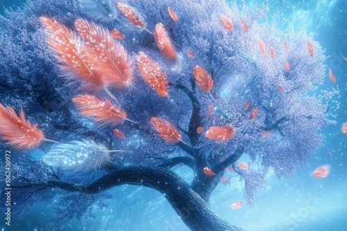 A sky blue tree with feathers from coral to silver, dewdrops and swirling lilac-blue mist. photo