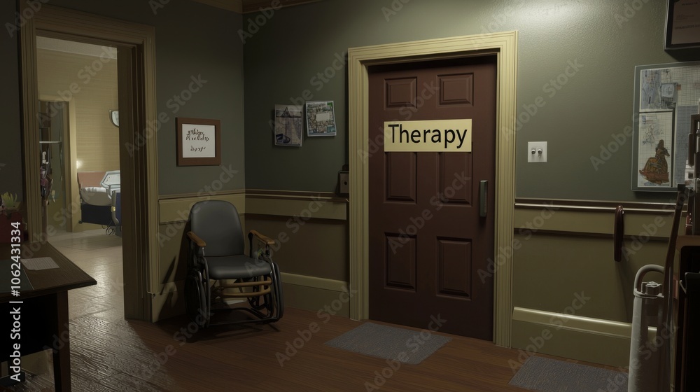 Fototapeta premium A waiting room with a wheelchair and a door labeled 'Therapy' in a vintage style hospital.