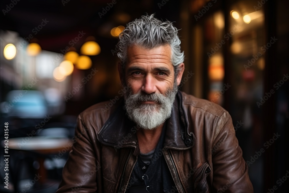 Portrait of a handsome senior man with gray beard and mustache, wearing a leather jacket, looking at the camera. Portrait of a handsome senior man with gray beard and mustache, wearing a leather jacket, looking at the camera.