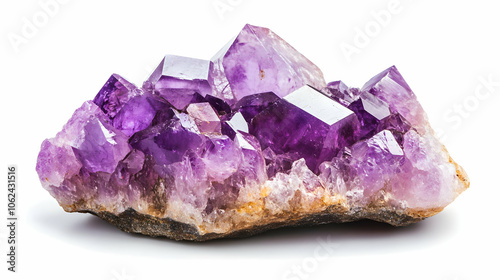 A cluster of light purple amethyst crystals on a white surface.

