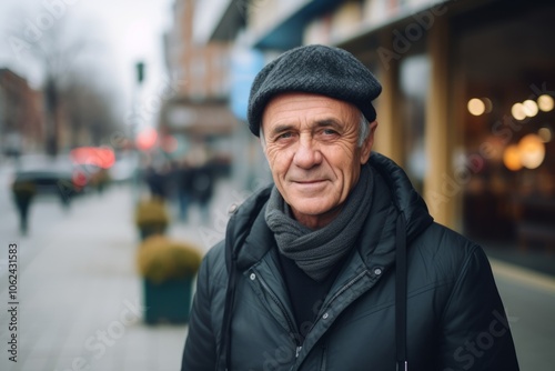 Portrait of a senior man on the street in winter time.