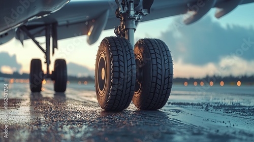 Heavy Duty Runway

A close-up of the airplane’s landing gear on the runway, showcasing the robust tires and machinery against a rough tarmac background, emphasizing the sheer size and strength of the 