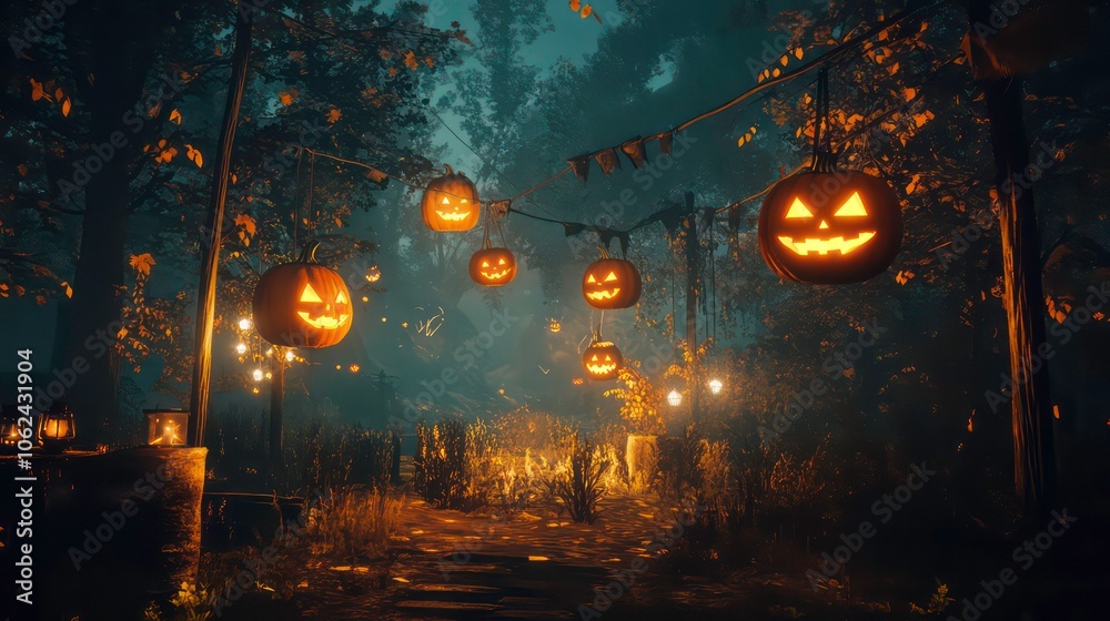 A spooky forest path adorned with glowing jack-o'-lanterns for Halloween festivities.