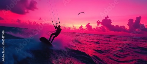 A kitesurfer riding a wave at sunset with a pink sky and clouds.