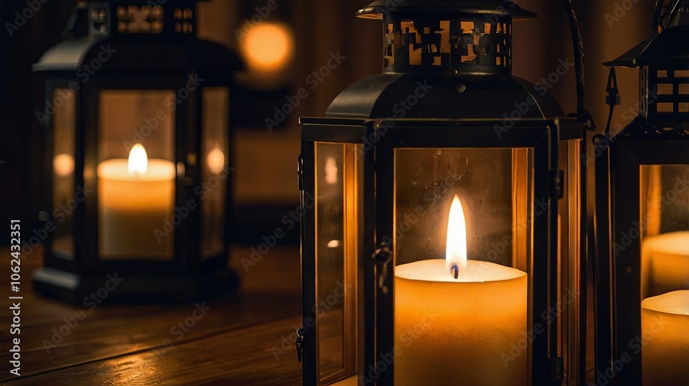 Warm candlelight shines through rustic lanterns on a wooden table, creating a cozy atmosphere during the evening Warm candlelight shines through rustic lanterns on a wooden table, creating a cozy atmosphere during the evening