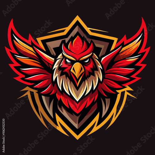 A fierce griffin esports logo featuring a bold red and gold color scheme, showcasing an aggressive-looking mythical creature with prominent wings