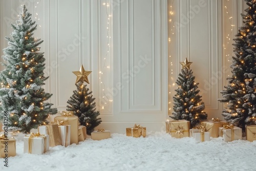 Christmas background with twinkling lights, white wooden paneling, and small pine trees with gold stars and gift box. Presents wrapped in gold paper under warm lighting. Snow-covered ground photo