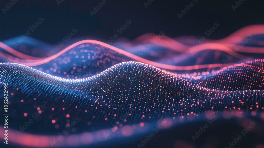 Abstract digital landscape with flowing waves of light and particles. Abstract digital landscape with flowing waves of light and particles.