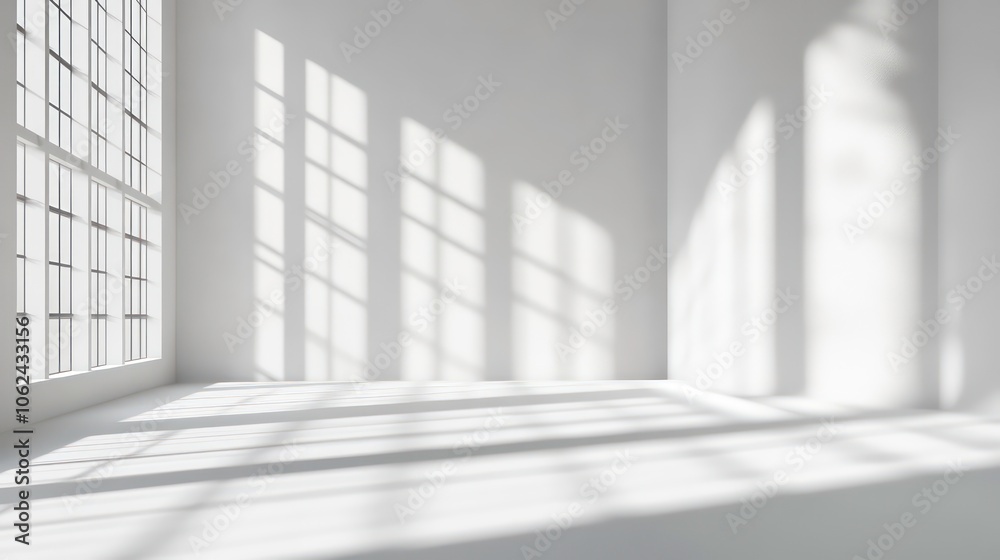 A bright, minimalist room with large windows casting shadows on a white floor.