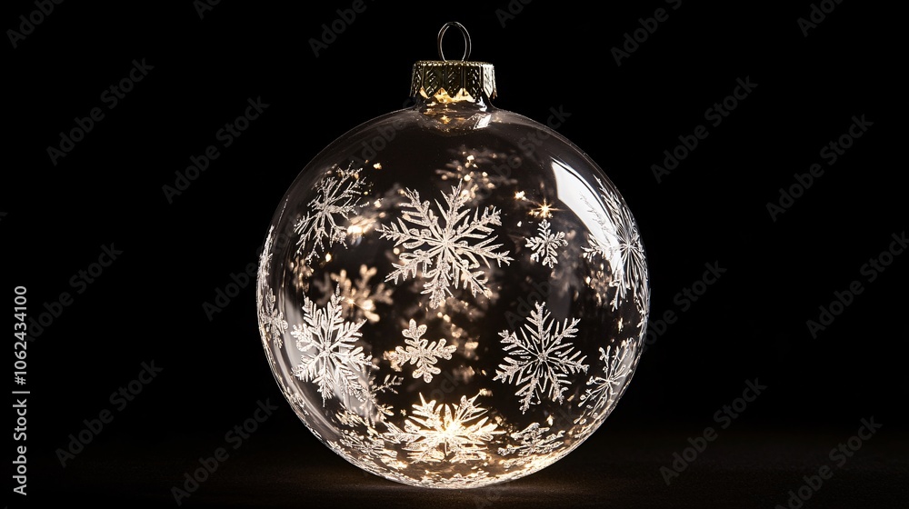 A clear glass ball ornament with delicate snowflake etchings and silver glitter inside, reflecting warm light, isolated on a dark holiday background A clear glass ball ornament with delicate snowflake etchings and silver glitter inside, reflecting warm light, isolated on a dark holiday background