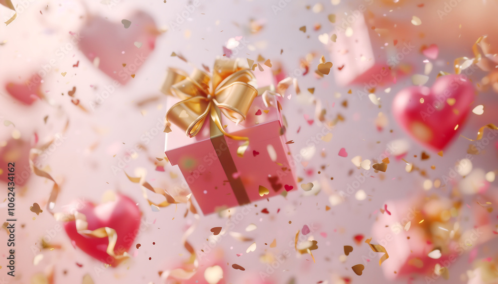 a Valentine's Day gift box flying with a golden ribbon and heart confetti on a light background for a Happy Mother's Day, wedding, or birthday celebration greeting card banner design. a Valentine's Day gift box flying with a golden ribbon and heart confetti on a light background for a Happy Mother's Day, wedding, or birthday celebration greeting card banner design.