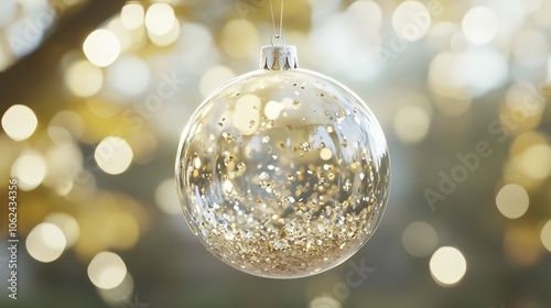 A crystal-clear Christmas ornament filled with delicate gold and silver sparkles, floating in mid-air with a dreamy, blurred holiday backdrop