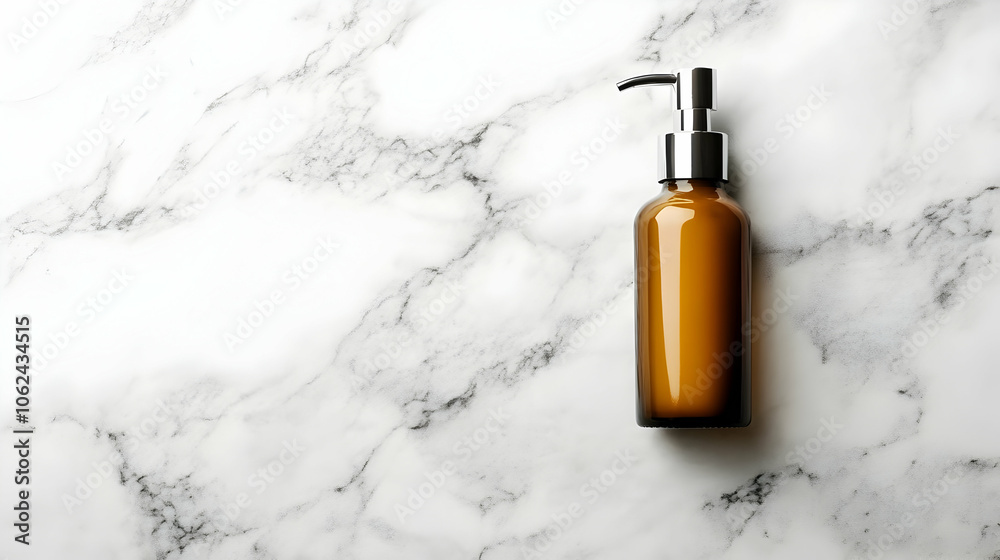 A sleek amber pump bottle set against a clean marble background, perfect for skincare and beauty products A sleek amber pump bottle set against a clean marble background, perfect for skincare and beauty products